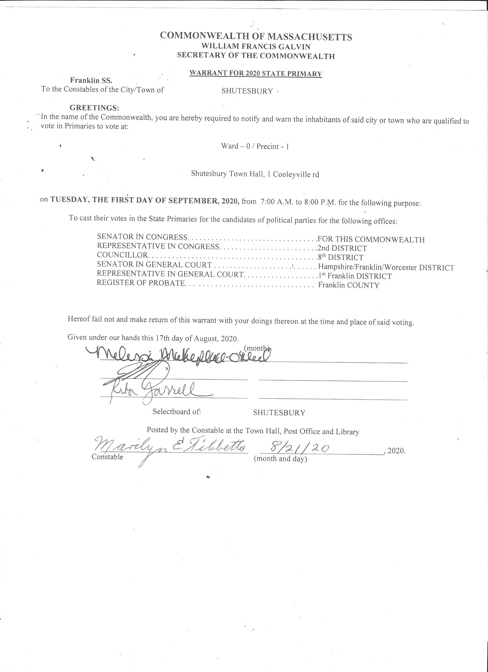 An image of the official September Primary 2020 Election Warrant from the Town of Shutesbury